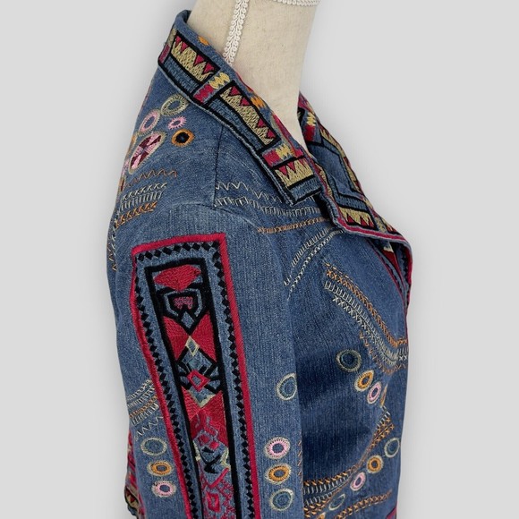 Coldwater Creek Embroidered Bohemian Hippie Denim Jacket Long Sleeve Womens PS - Picture 7 of 16